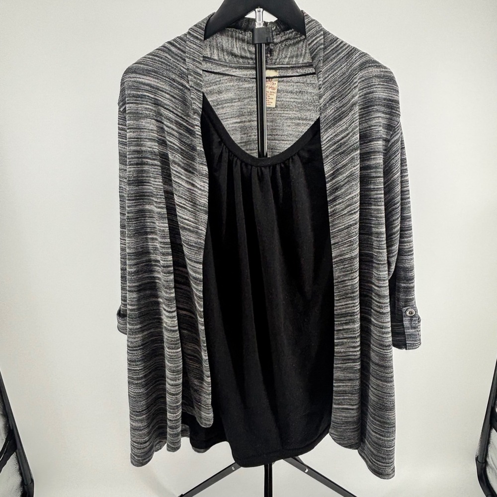 Faded Glory Womens 2X Space Dye Open Front Cardigan with Attached Tank Top Black